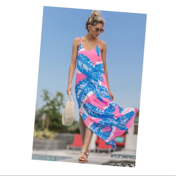 TROPICAL PALM SIDE SLIT SUMMER MAXI DRESS - Picture 4 of 4